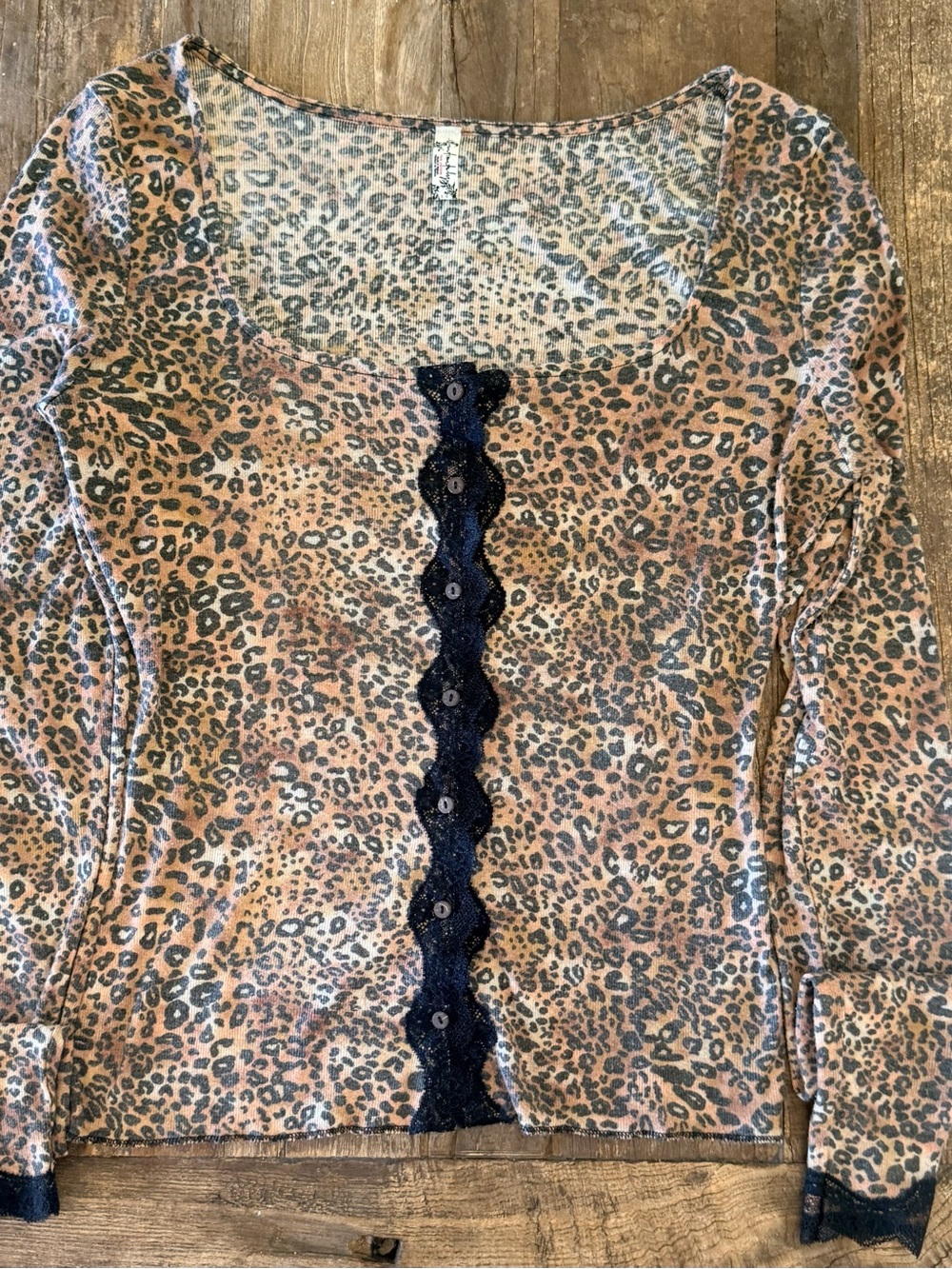 Free People Leopard-Print Long Sleeve Top with Black Lace Center - Picture 6 of 7
